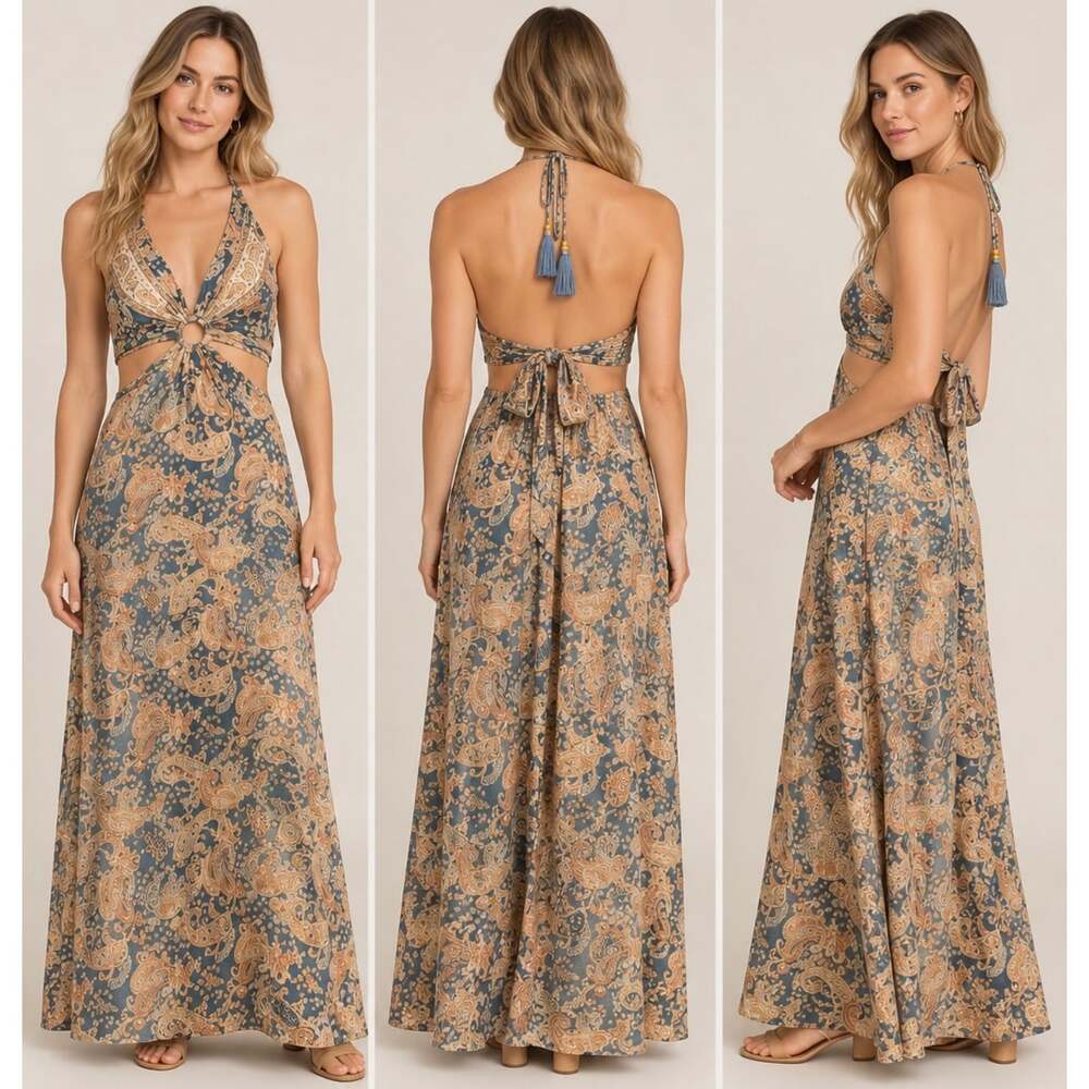 Silk Italy Women’s Small 100% Silk Paisley Halter Cutout Maxi Dress Boho